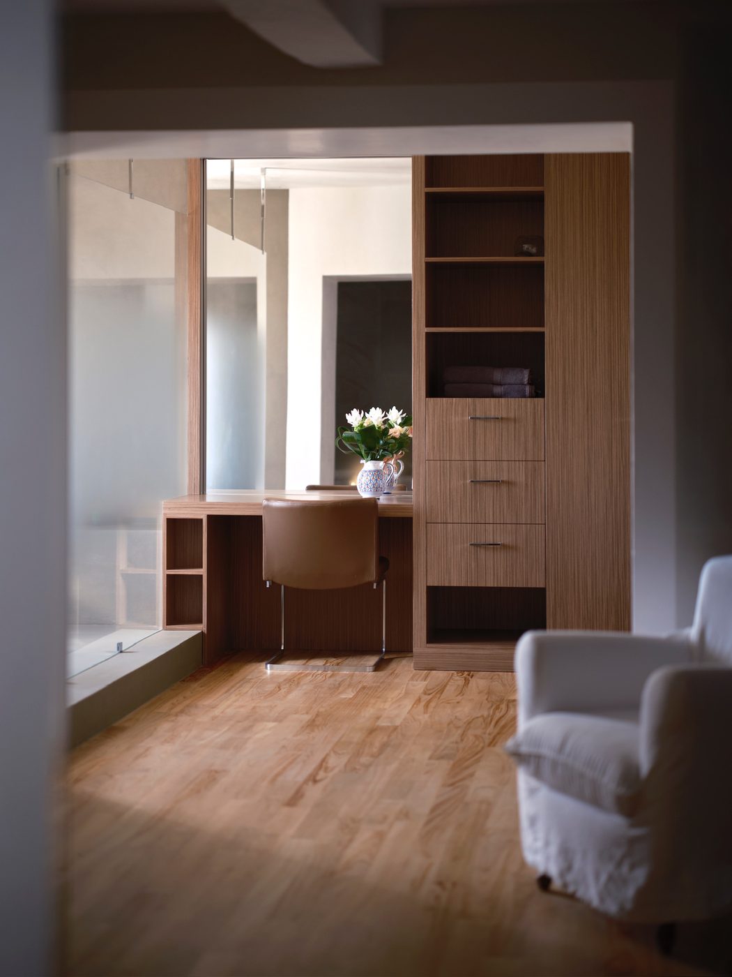 Sunlit dressing room interior