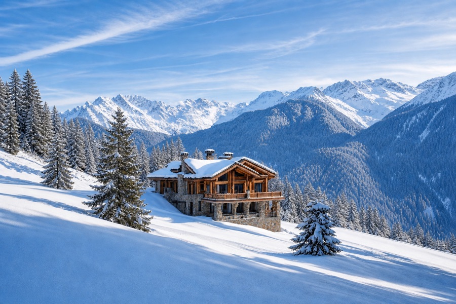 Alpine chalet in the snow with mountain views